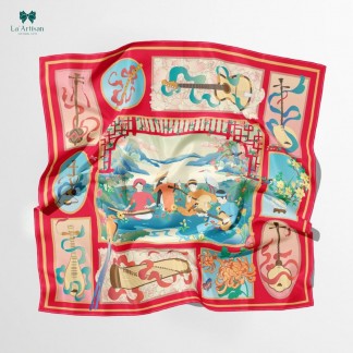 Khăn lụa vuông in hai mặt họa tiết Đờn Ca Tài Tử 70x70cm